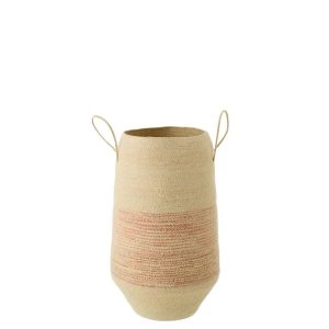 BASKET WITH HANDLE STRIPED SEAGRASS NATURAL/DARK ORANGE