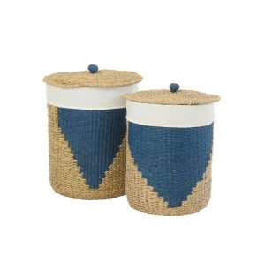SET OF 2 BASKET +  LID PAPER NATURAL/BLUE