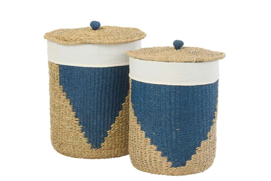 SET OF 2 BASKET +  LID PAPER NATURAL/BLUE