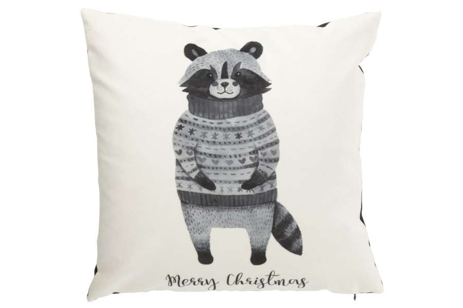 CUSHION RACCOON+SWEATER VELVET WHITE/BLACK