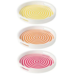 TRAY ROUND MANGO WOOD PINK/ORANGE/YELLOW ASSORTMENT OF 3
