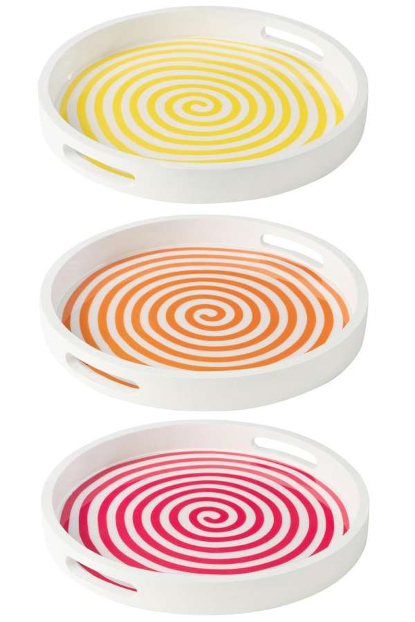 TRAY ROUND MANGO WOOD PINK/ORANGE/YELLOW ASSORTMENT OF 3