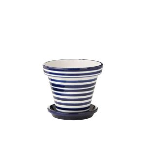 FLOWERPOT+PLATE GRANADA STRIPES HANDMADE/HANDPAINTED CERAMIC COBALTO BLUE/WHITE LARGE
