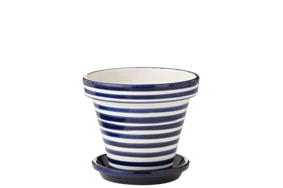FLOWERPOT+PLATE GRANADA STRIPES HANDMADE/HANDPAINTED CERAMIC COBALTO BLUE/WHITE LARGE