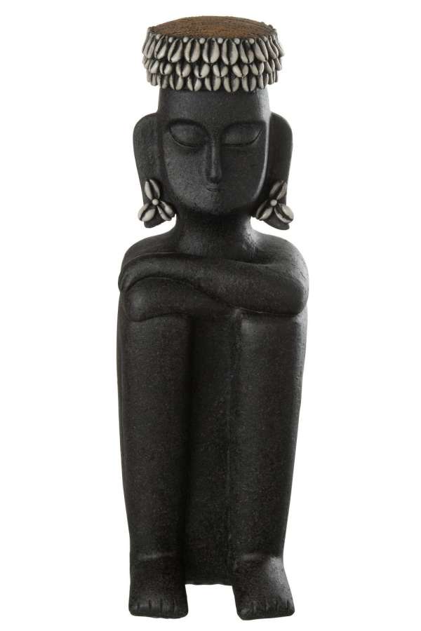 STATUE SITTING ETHNIC STONE/RESIN BLACK LARGE