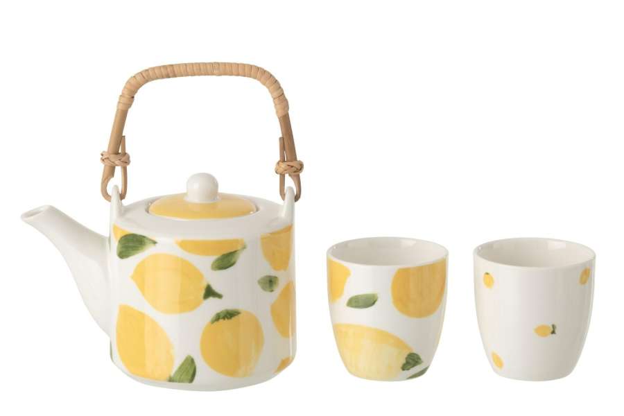 TEAPOT + CUPS LEMON CERAMIC WHITE/YELLOW