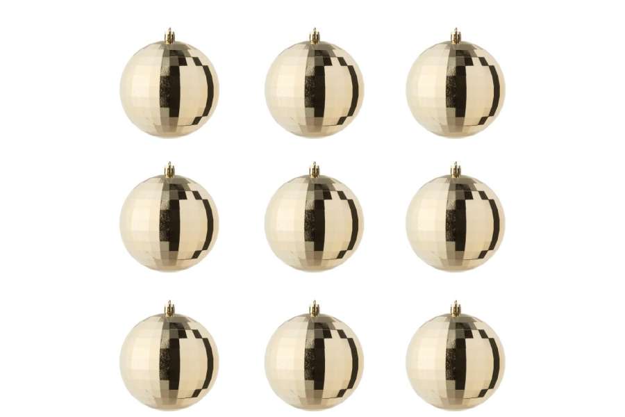 BOX OF 9 CHRISTMAS BAUBLE DISCO PLASTIC GOLD COLORED