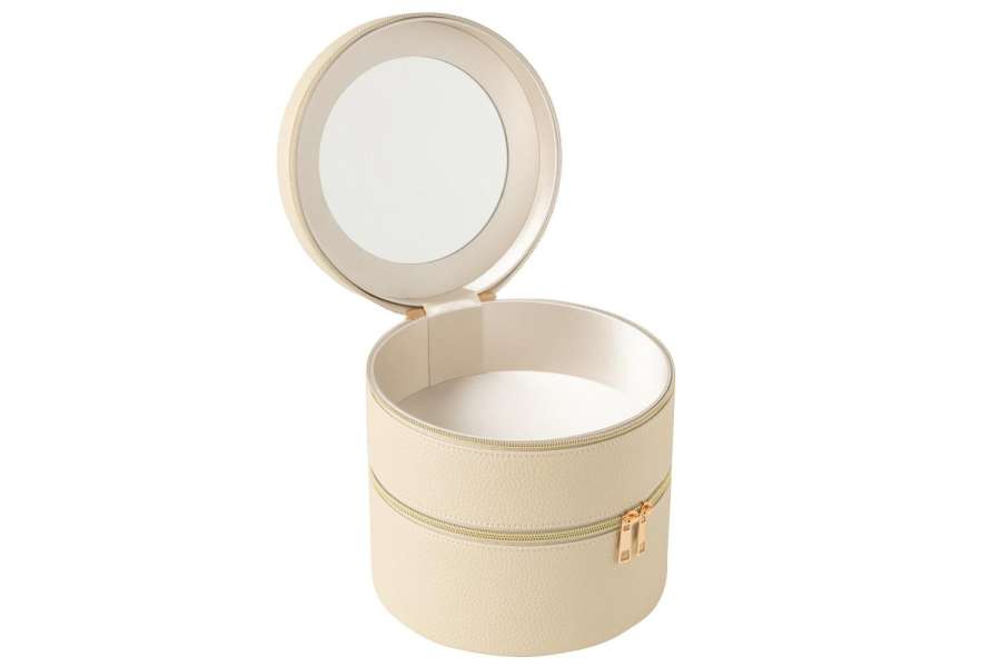 COSMETIC BOX ROUND+MIRROR ARTIFICIAL LEATHER BEIGE