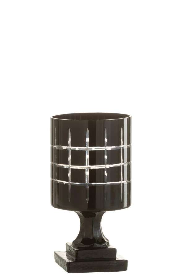 TEALIGHT HOLDER ON FOOT CHECKERED GLASS BLACK