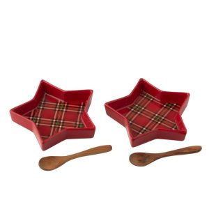 BOX OF 2 SERVING BOWL PLAID STAR CERAMIC RED
