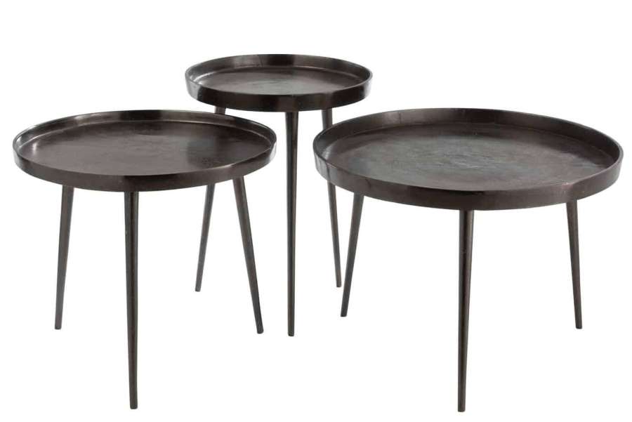 SET OF 3 SIDETABLES TRAY RIGHT ROUND METAL DARK GREY