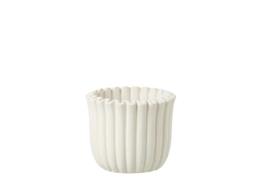 FLOWERPOT RIBBED CEMENT WHITE MEDIUM