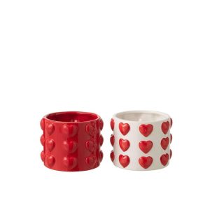 FLOWERPOT HEARTS PATTERN CERAMIC WHITE/RED ASSORTMENT OF 2