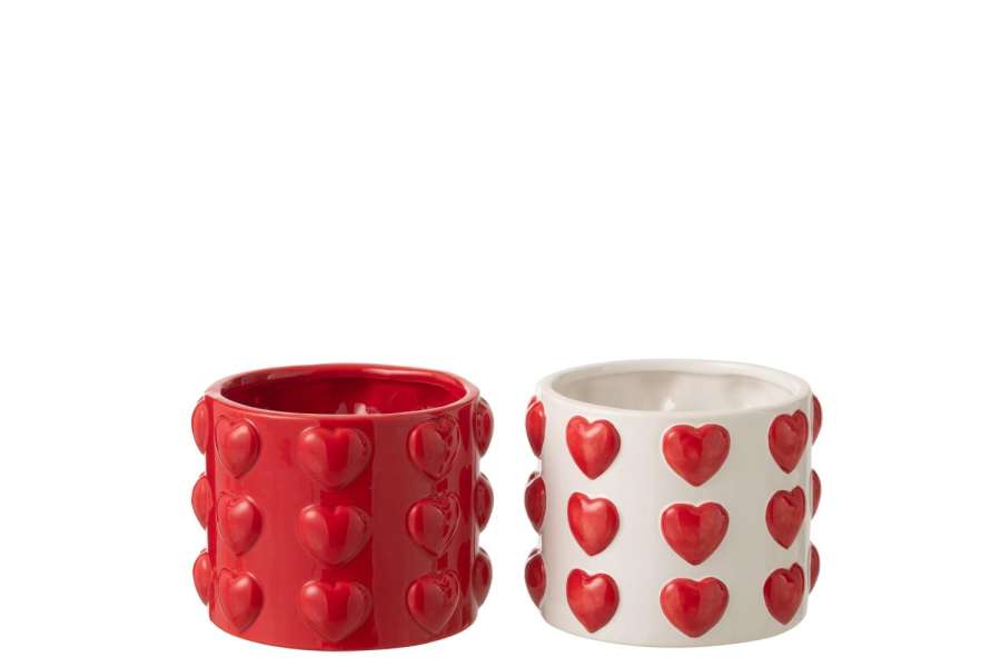 FLOWERPOT HEARTS PATTERN CERAMIC WHITE/RED ASSORTMENT OF 2