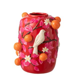 VASE BIRD/ORANGES CERAMIC PINK/ORANGE LARGE