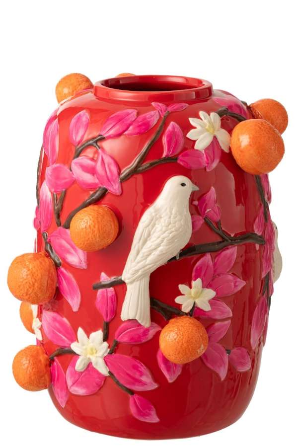 VASE BIRD/ORANGES CERAMIC PINK/ORANGE LARGE