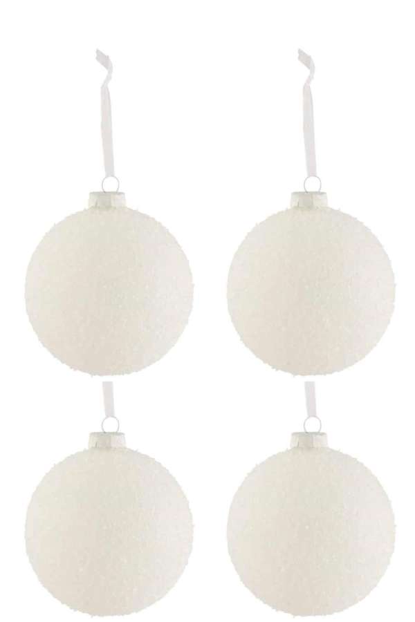 BOX OF 4 CHRISTMAS BAUBLES SNOWY GLASS WHITE LARGE