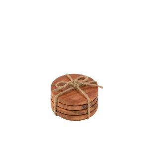SET OF 4 COASTERS ROUND ACACIA WOOD DARK NATURAL