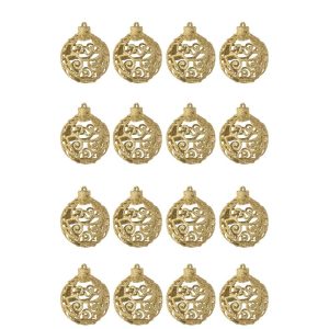 BOX OF 16 CHRISTMAS BAUBLE BAROQUE PATTERN PLASTIC GOLD COLORED