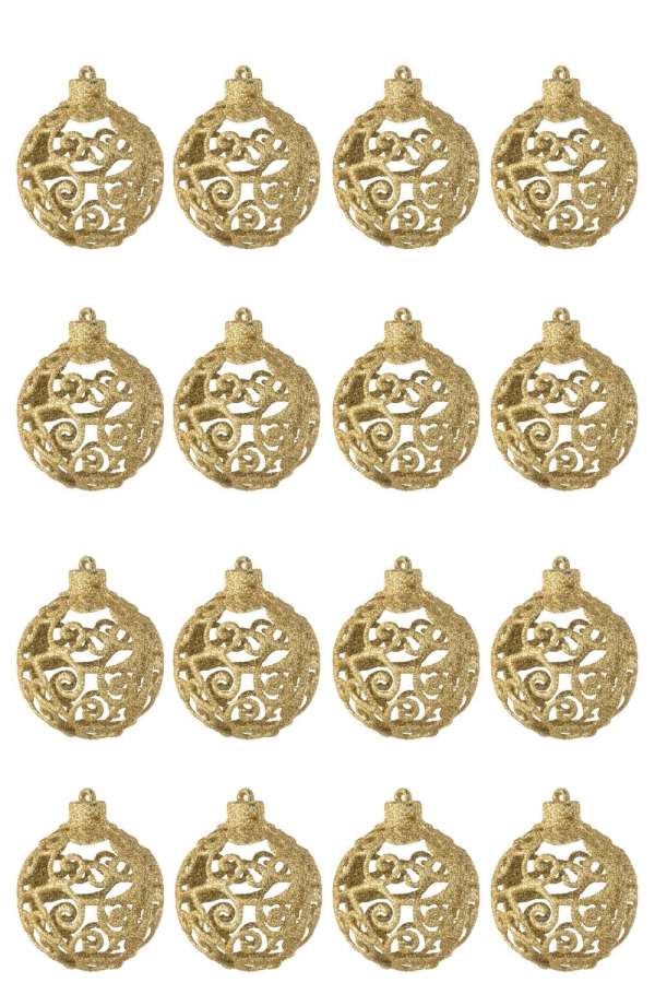 BOX OF 16 CHRISTMAS BAUBLE BAROQUE PATTERN PLASTIC GOLD COLORED