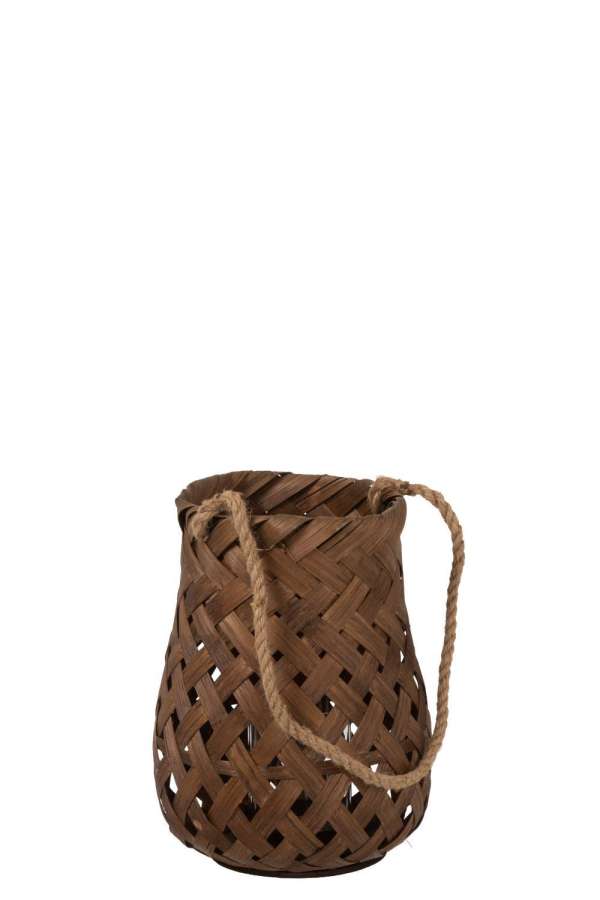 LANTERN WOVEN ROUND BAMBOO/GLASS DARK BROWN SMALL