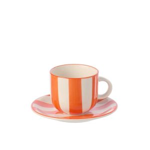 COFFEE CUP + SAUCER STRIPED STONEWARE ORANGE/WHITE