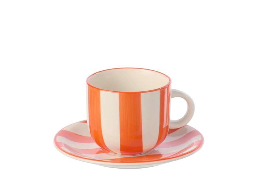 COFFEE CUP + SAUCER STRIPED STONEWARE ORANGE/WHITE