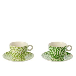 BOX OF 2 COFFEE CUP  +  SAUCER LEOPARD + ZEBRA PORCELAIN GREEN/WHITE LARGE