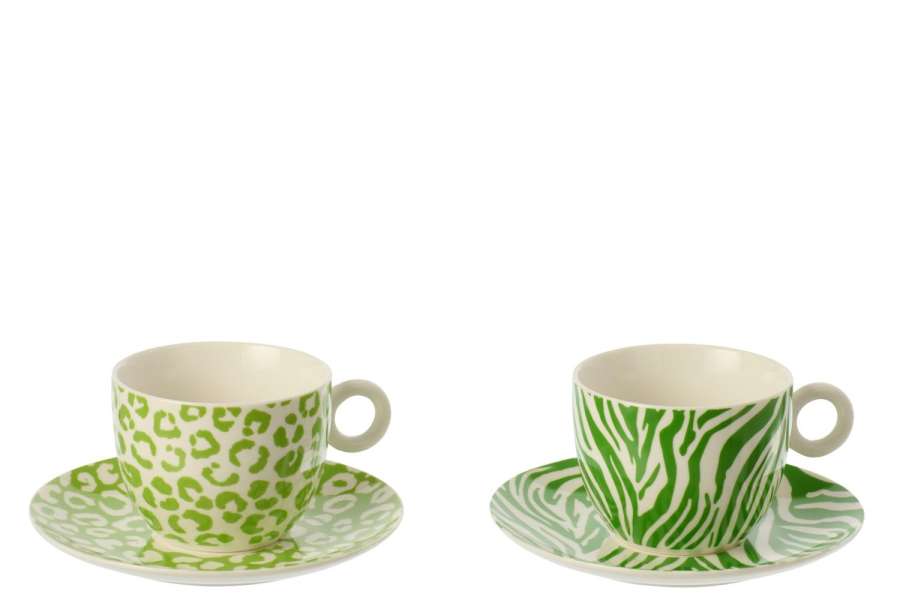 BOX OF 2 COFFEE CUP  +  SAUCER LEOPARD + ZEBRA PORCELAIN GREEN/WHITE LARGE