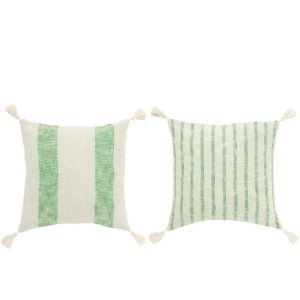CUSHION SQUARE STRIPES+TASSELS COTTON WHITE/GREEN ASSORTMENT OF 2