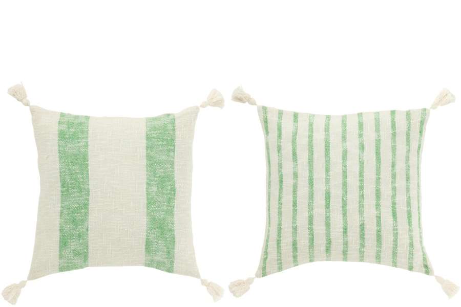 CUSHION SQUARE STRIPES+TASSELS COTTON WHITE/GREEN ASSORTMENT OF 2