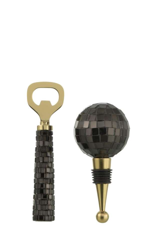 BOTTLE OPENER + BOTTLE STOPPER MOSAIC GLASS BLACK