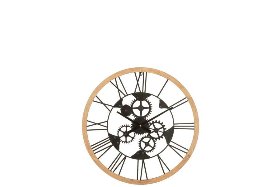 CLOCK ROMAN NUMERALS WHEELS METAL/WOOD BLACK SMALL