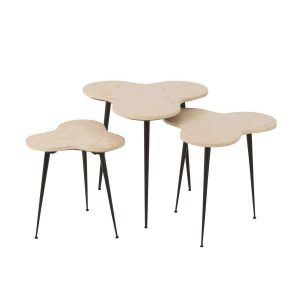 SET OF 3 SIDE TABLES BEE MARBLE/METAL WHITE/BLACK