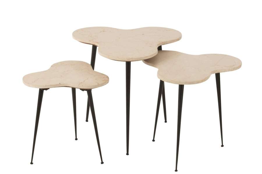 SET OF 3 SIDE TABLES BEE MARBLE/METAL WHITE/BLACK
