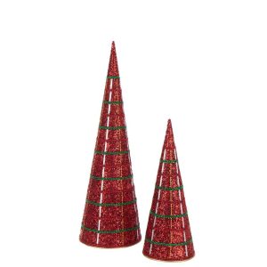 SET OF 2 CONE IRON/BEADS CHRISTMAS RED
