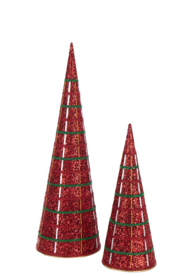 SET OF 2 CONE IRON/BEADS CHRISTMAS RED