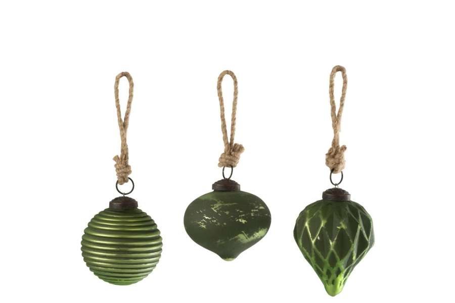 CHRISTMAS BAUBLE OXYDISED GLASS GREEN SMALL ASSORTMENT OF 3