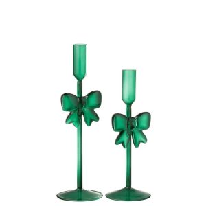 SET OF 2 CANDLE HOLDER GLASS DARK GREEN