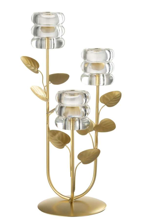 CANDLE HOLDER BRANCH & LEAF 3 PARTS IRON GOLD COLORED/TRANSPARENT
