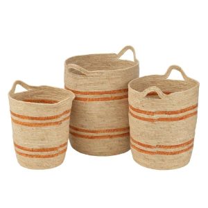 SET OF 3 BASKET STRIPES+HANDLE CORN HUSK NATURAL/ORANGE