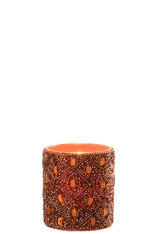 TEALIGHT HOLDER GLASS/BEADS DARK BROWN/RUST BROWN LARGE