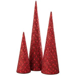 SET OF 3 CONE IRON/BEADS CHRISTMAS RED
