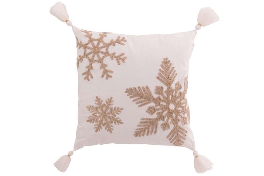 CUSHION SNOWFLAKE+TASSELS COTTON WHITE/BEIGE