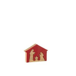 NATIVITY IN HOUSE MANGO WOOD CHRISTMAS RED/NATURAL SMALL