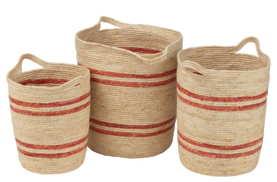 SET OF 3 BASKET STRIPES+HANDLE CORN HUSK NATURAL/RED