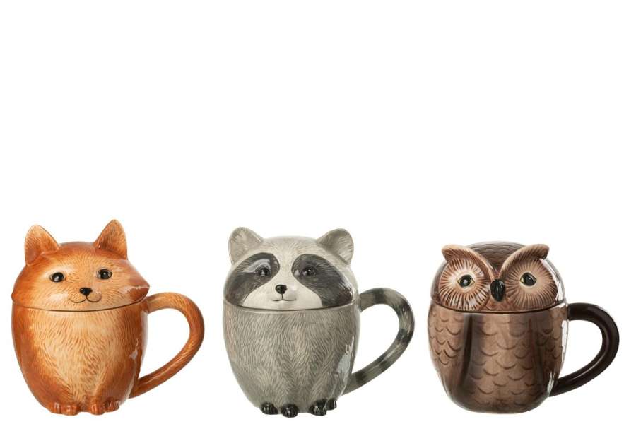 MUG + LID ANIMALS DOLOMITE MULTICOLORED ASSORTMENT OF 3