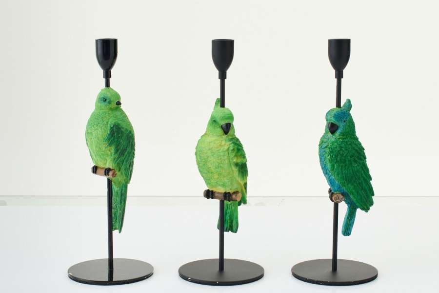 CANDLE HOLDER ON BASE PARROT LIMEPOWDER GREEN/BLUE ASSORTMENT OF 3