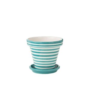 FLOWERPOT+PLATE GRANADA STRIPES HANDMADE/HANDPAINTED CERAMIC AQUA/WHITE LARGE