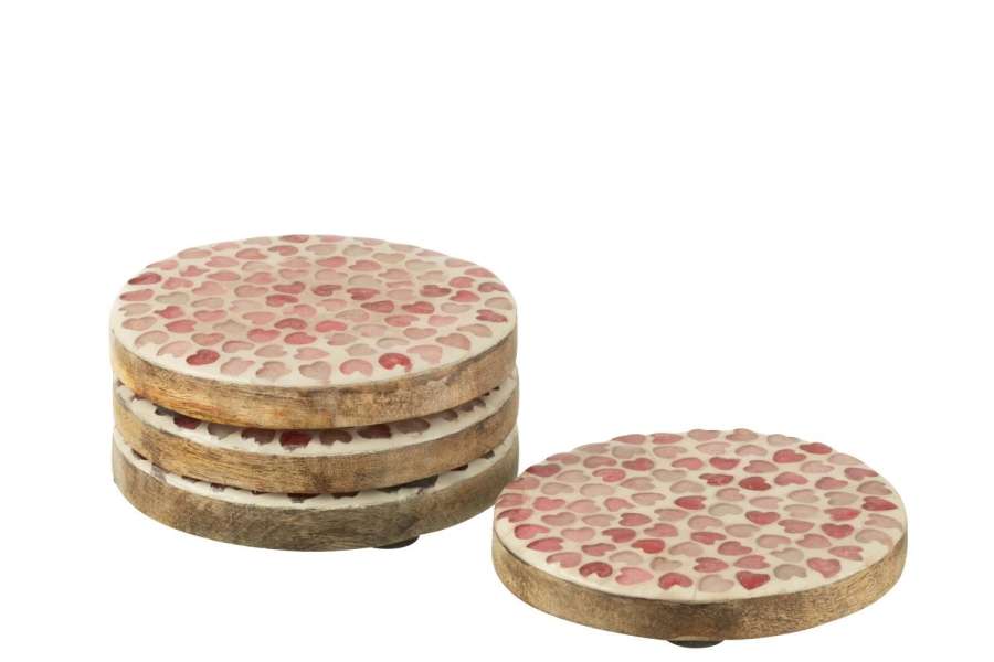 SET OF 4 COASTER HEART MOSAIC MANGO WOOD PINK